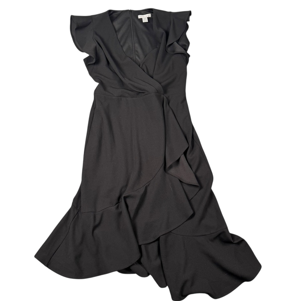 London‎ Times Black Ruffle Wrap Midi Dress V-Neck High-Low Hem Size 6 NWT 707
